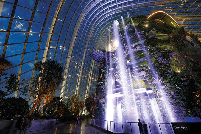 Cloud Forest Waterfall at night (image credit: Gardens By the Bay)