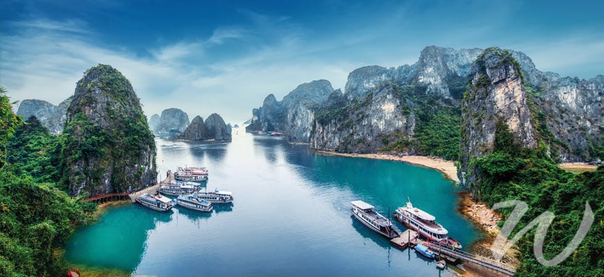 Boats Moored at Limestone Island, Halong Bay